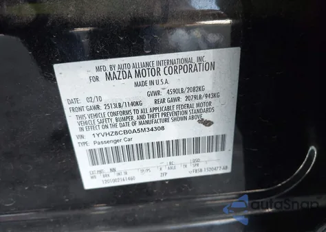 2010 Mazda Mazda6 S Grand Touring z USA, uszkodzony, nr VIN 1YVHZ8CB0A5M34308